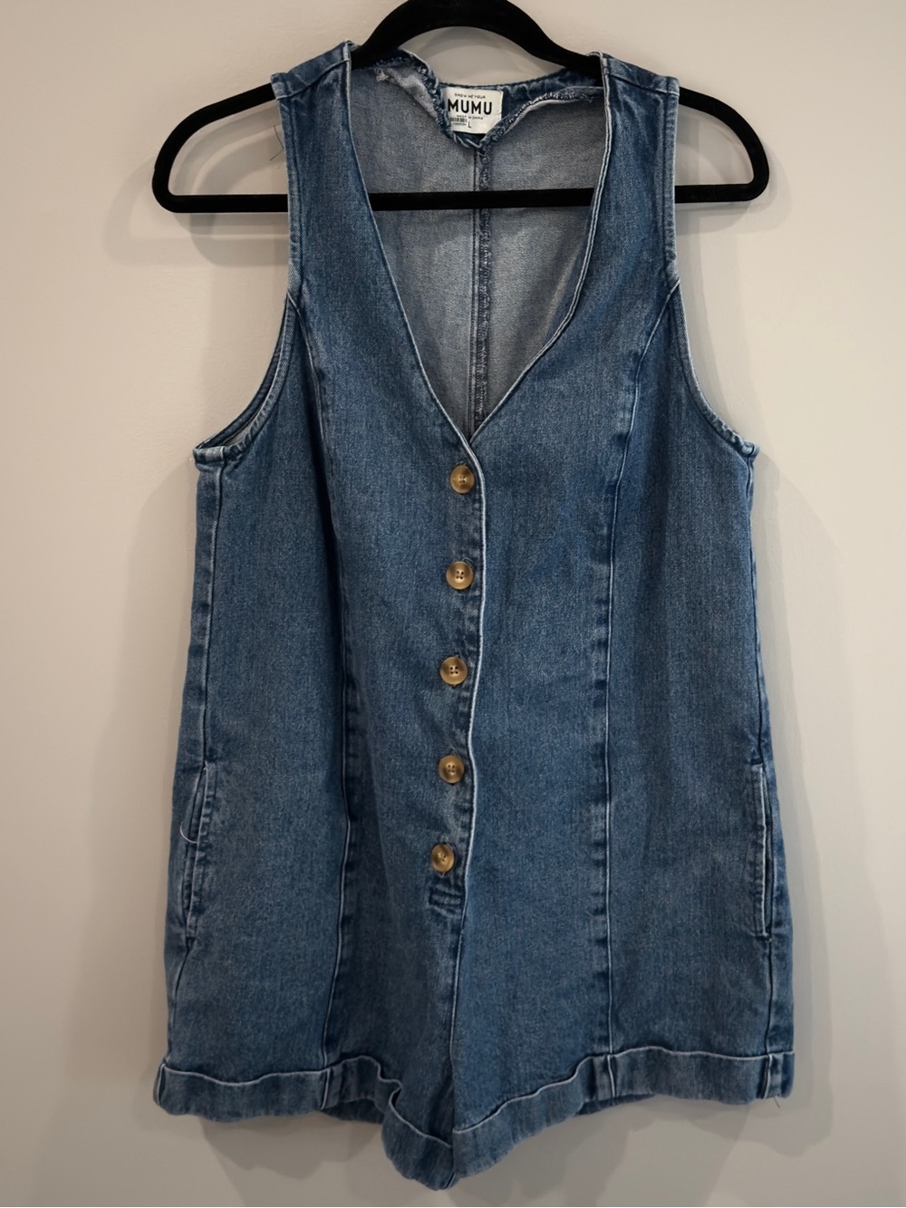Mumu Denim Button-Front Romper in Medium Blue
